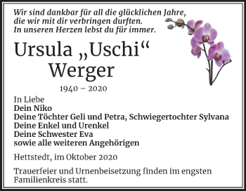 Traueranzeige von Ursula Werger von Mitteldeutsche Zeitung Mansfelder Land