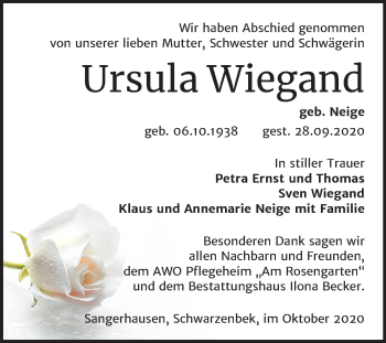 Traueranzeige von Ursula Wiegand von Super Sonntag Sangerhausen