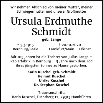 Traueranzeige von Ursula Erdmuthe Schmidt von Mitteldeutsche Zeitung Bernburg
