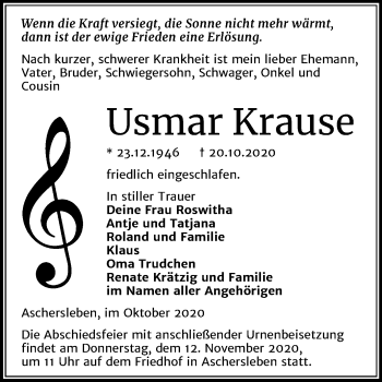 Traueranzeige von Usmar Krause von Super Sonntag Aschersleben