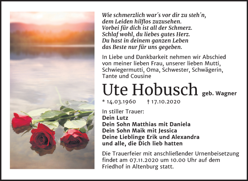  Traueranzeige für Ute Hobusch vom 24.10.2020 aus Super Sonntag Bernburg