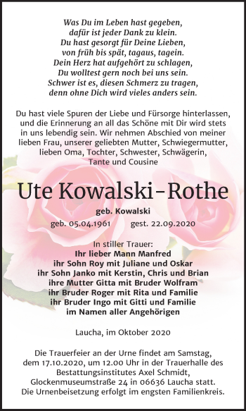 Traueranzeige von Ute Kowalski-Rothe von Wochenspiegel Naumburg/Nebra