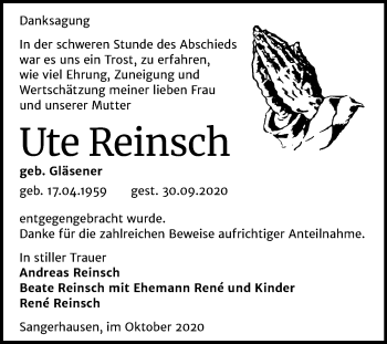 Traueranzeige von Ute Reinsch von Super Sonntag Sangerhausen