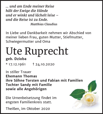 Traueranzeige von Ute Ruprecht von Mitteldeutsche Zeitung Zeitz