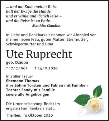 Traueranzeige von Ute Ruprecht von Super Sonntag Zeitz