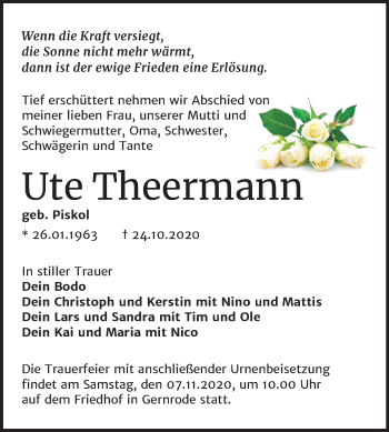Traueranzeige von Ute Theermann von Super Sonntag Mansfelder Land / Quedlinburg