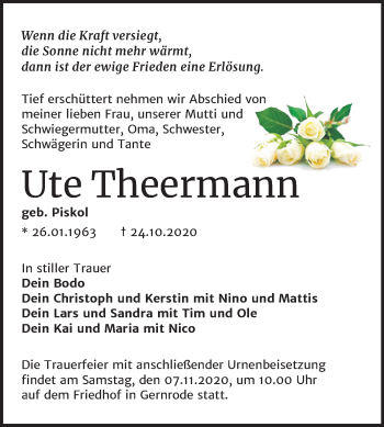 Traueranzeige von Ute Theermann von Mitteldeutsche Zeitung Mansfelder Land / Quedlinburg