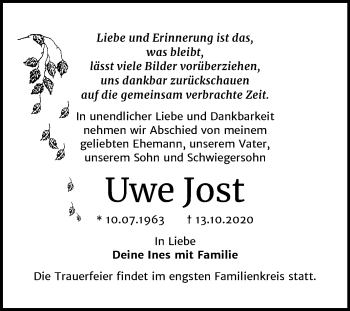 Traueranzeige von Uwe Jost von Mitteldeutsche Zeitung Dessau-Roßlau