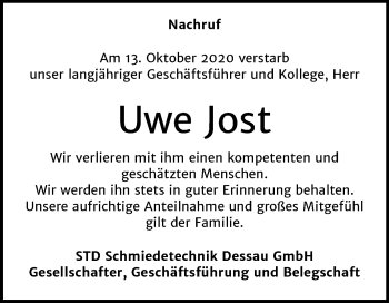 Traueranzeige von Uwe Jost von Mitteldeutsche Zeitung Dessau-Roßlau