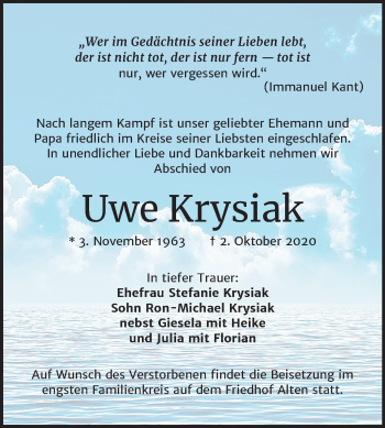 Traueranzeige von Uwe Krysiak von Super Sonntag Dessau-Roßlau