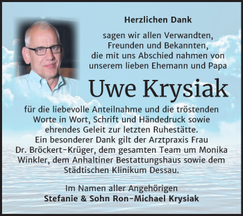 Traueranzeige von Uwe Krysiak von Mitteldeutsche Zeitung Dessau-Roßlau