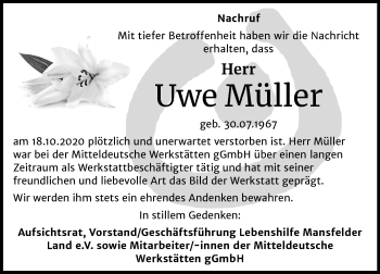 Traueranzeige von Uwe Müller von Mitteldeutsche Zeitung Mansfelder Land