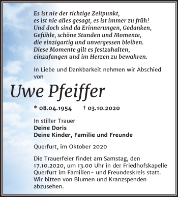 Traueranzeige von Uwe Pfeiffer von Mitteldeutsche Zeitung Merseburg/Querfurt