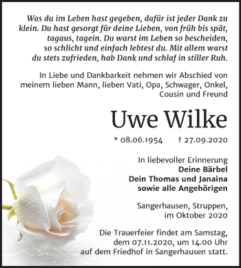 Traueranzeige von Uwe Wilke von Super Sonntag Sangerhausen