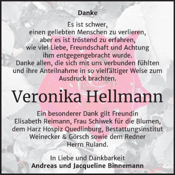 Traueranzeige von Veronika Hellmann von Mitteldeutsche Zeitung Bernburg