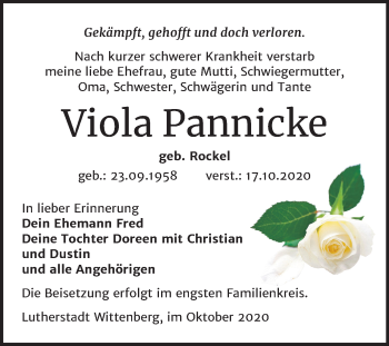 Traueranzeige von Viola Pannicke von Mitteldeutsche Zeitung Wittenberg