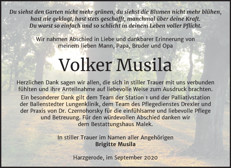  Traueranzeige für Volker Musila vom 02.10.2020 aus Mitteldeutsche Zeitung Quedlinburg