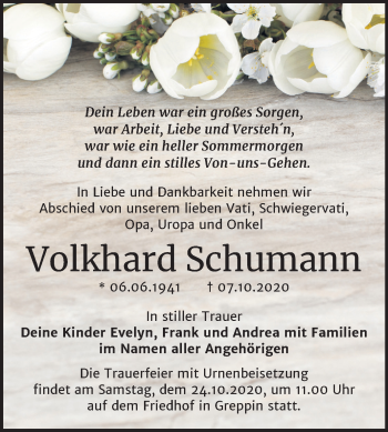 Traueranzeige von Volkhard Schumann von Wochenspiegel Bitterfeld