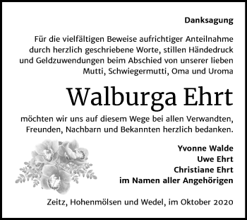 Traueranzeige von Walburga Ehrt von Mitteldeutsche Zeitung Zeitz