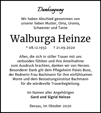Traueranzeige von Walburga Heinze von Super Sonntag Dessau-Roßlau