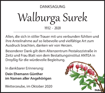 Traueranzeige von Walburga Surek von Super Sonntag Zeitz