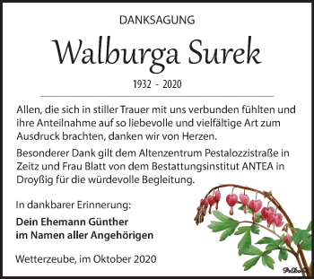 Traueranzeige von Walburga Surek von Mitteldeutsche Zeitung Zeitz