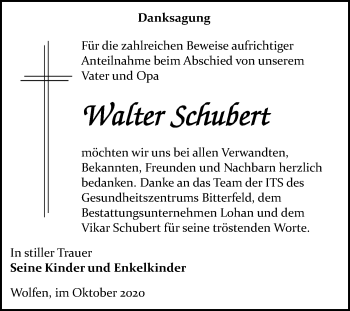 Traueranzeige von Walter Schubert von Mitteldeutsche Zeitung Bitterfeld