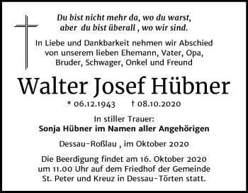 Traueranzeige von Walter Josef Hübner von Mitteldeutsche Zeitung Dessau-Roßlau