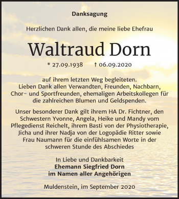 Traueranzeige von Waltraud Dorn von Mitteldeutsche Zeitung Bitterfeld
