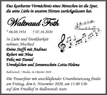 Traueranzeige von Waltraud Foth von Super Sonntag Quedlinburg