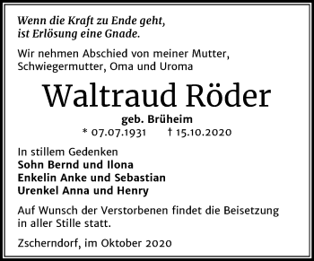Traueranzeige von Waltraud Röder von Mitteldeutsche Zeitung Bitterfeld