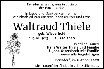 Traueranzeige von Waltraud Thiele von Super Sonntag Mansfelder Land