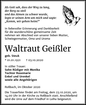 Traueranzeige von Waltraut Geißler von Mitteldeutsche Zeitung Merseburg/Querfurt