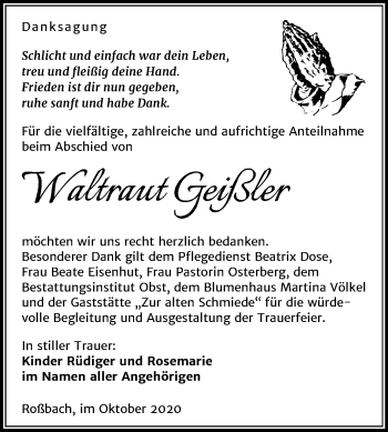 Traueranzeige von Waltraut Geißler von Mitteldeutsche Zeitung Merseburg/Querfurt