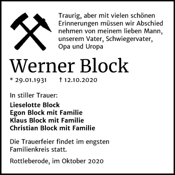 Traueranzeige von Werner Block von Wochenspiegel Sangerhausen