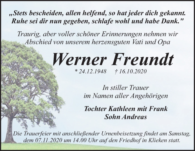  Traueranzeige für Werner Freundt vom 24.10.2020 aus Super Sonntag Wittenberg