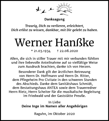 Traueranzeige von Werner Hanßke von Mitteldeutsche Zeitung Bitterfeld