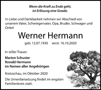 Traueranzeige von Werner Hermann von Super Sonntag Zeitz