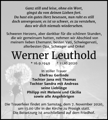 Traueranzeige von Werner Leuthold von Mitteldeutsche Zeitung Köthen