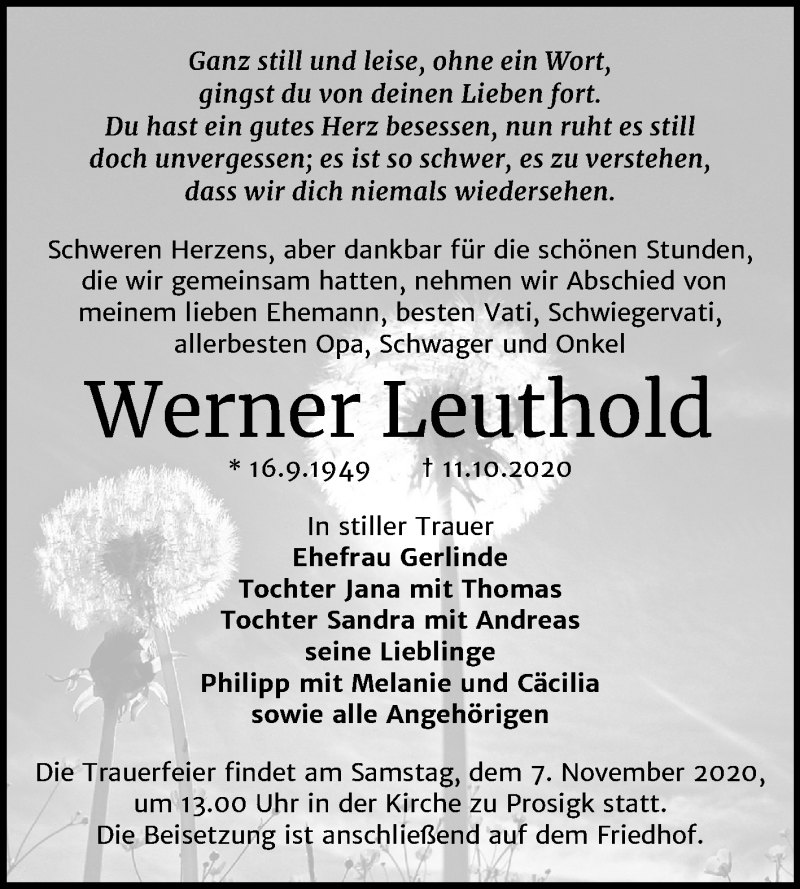  Traueranzeige für Werner Leuthold vom 14.10.2020 aus Mitteldeutsche Zeitung Köthen