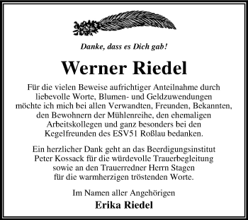 Traueranzeige von Werner Riedel von Super Sonntag Dessau-Roßlau