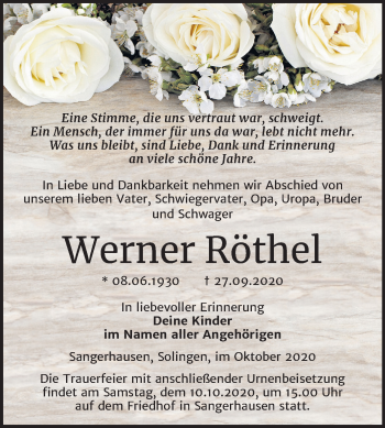 Traueranzeige von Werner Röthel von Super Sonntag Sangerhausen