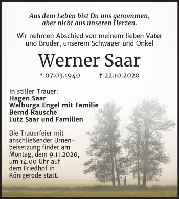Traueranzeige von Werner Saar von Mitteldeutsche Zeitung Quedlinburg