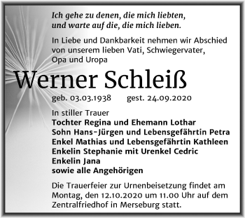 Traueranzeige von Werner Schleiß von Mitteldeutsche Zeitung Merseburg/Querfurt