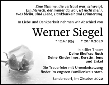 Traueranzeige von Werner Siegel von Wochenspiegel Bitterfeld