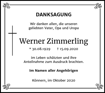 Traueranzeige von Werner Zimmerling von Super Sonntag Bernburg