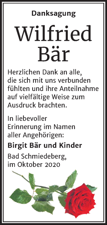 Traueranzeige von Wilfried Bär von Super Sonntag Wittenberg