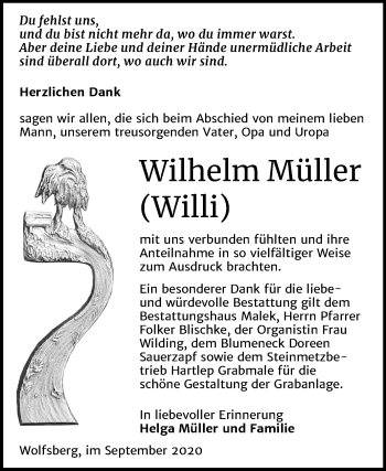 Traueranzeige von Wilhelm Müller von Mitteldeutsche Zeitung Sangerhausen