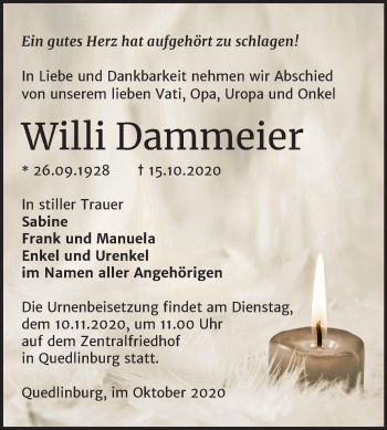Traueranzeige von Willi Dammeier von Mitteldeutsche Zeitung Quedlinburg