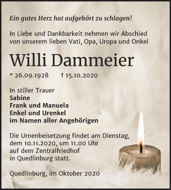 Traueranzeige von Willi Dammeier von Super Sonntag Quedlinburg